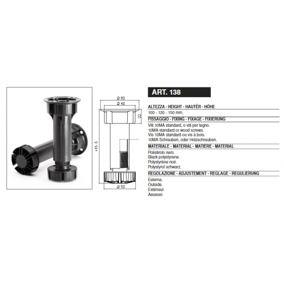 PIEDE IN PLASTICA REGOLABILE H 100 mm (4 PEZZI) - MANART